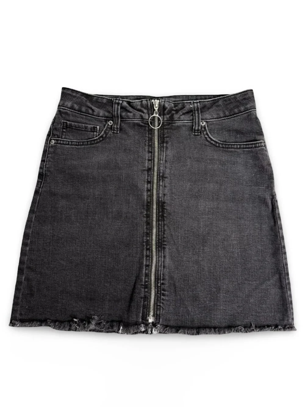 Arizona Full Front Zip Denim Mini Skirt Juniors 5 Black Wash Raw Hem Stretch Y2K